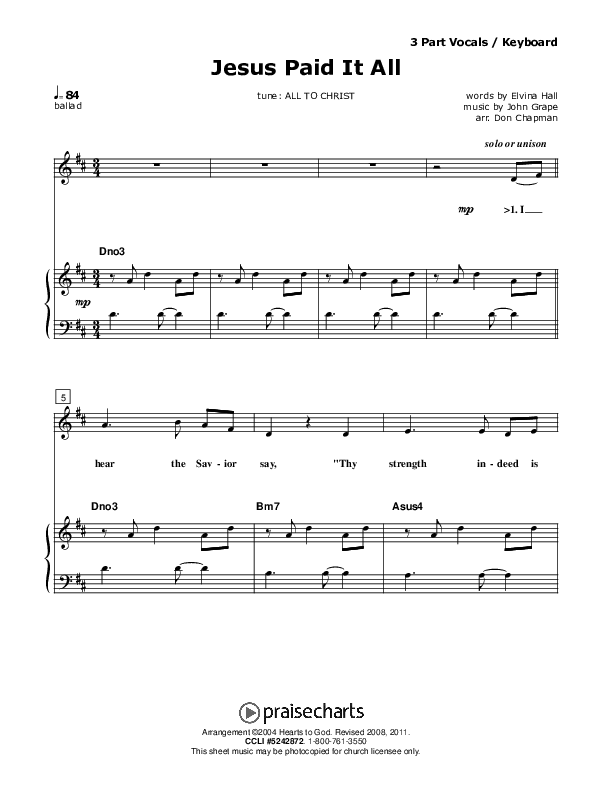 Jesus Paid It All Piano/Vocal (SAT) (Don Chapman)
