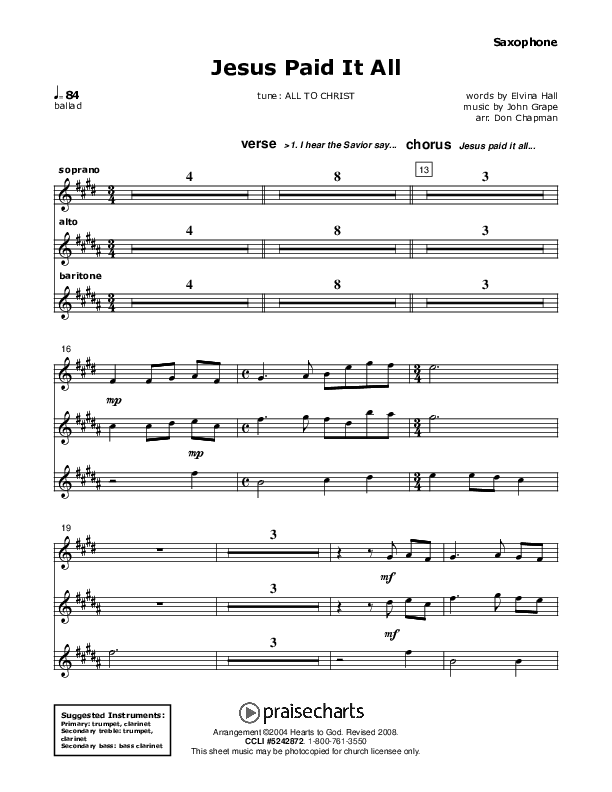 Jesus Paid It All Saxophone (Don Chapman)