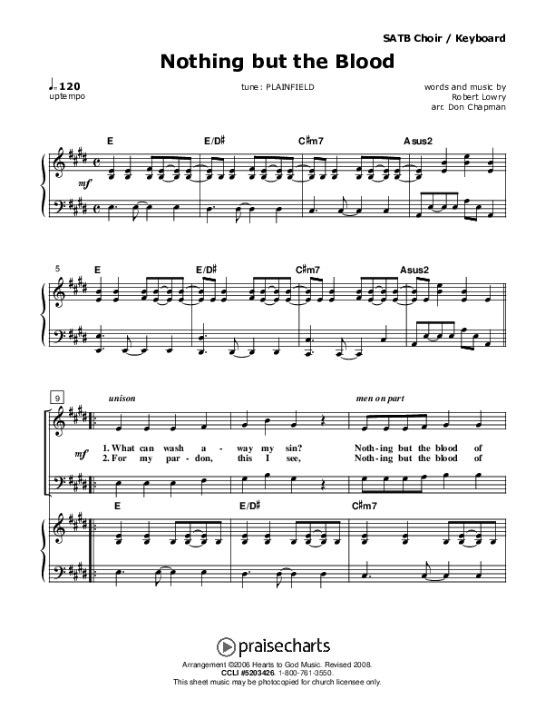 Nothing But The Blood Piano/Vocal (SATB) (Don Chapman)