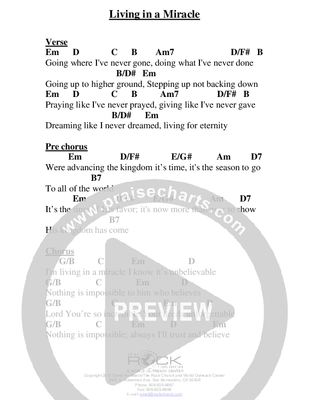 Living In A Miracle Chord Chart (David Archibeck / The Rock Church)