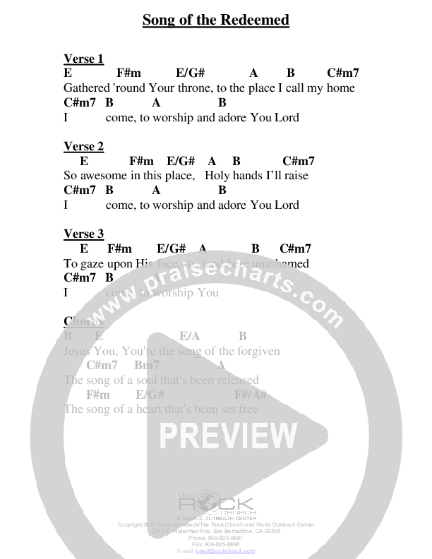 Song Of The Redeemed Chord Chart (David Archibeck / The Rock Church)