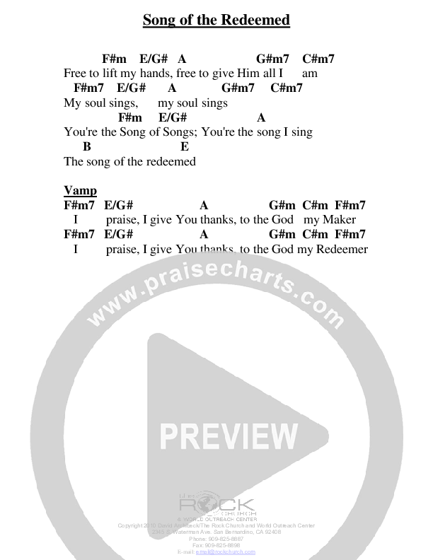 Song Of The Redeemed Chord Chart (David Archibeck / The Rock Church)