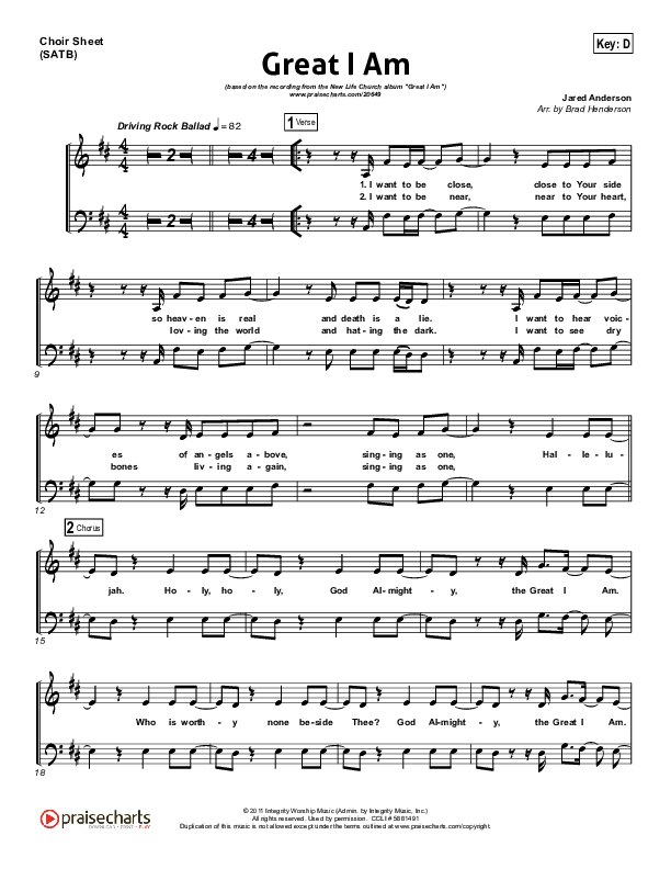 Great I Am Choir Sheet (SATB) (New Life Worship)
