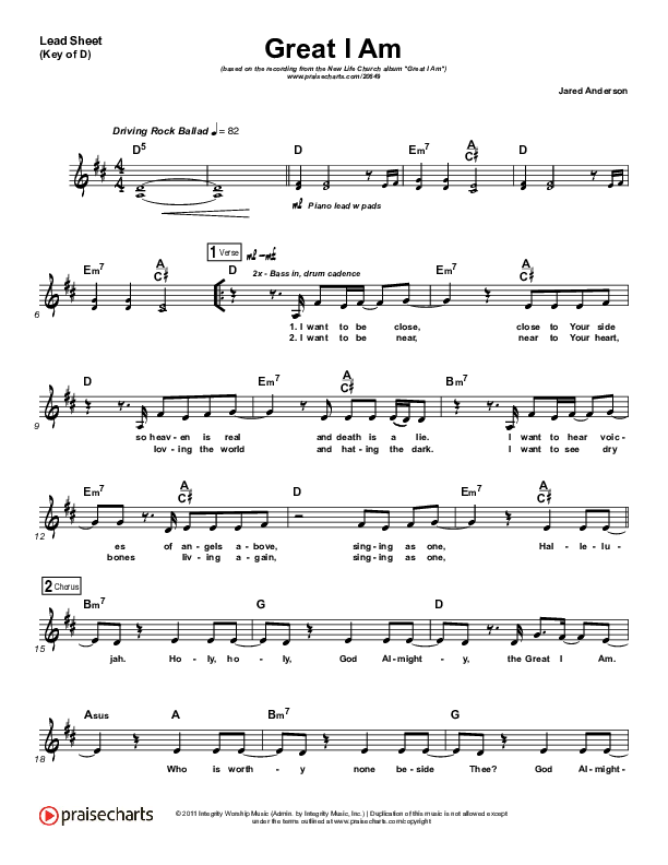 Great I Am Lead Sheet (Melody) (New Life Worship)
