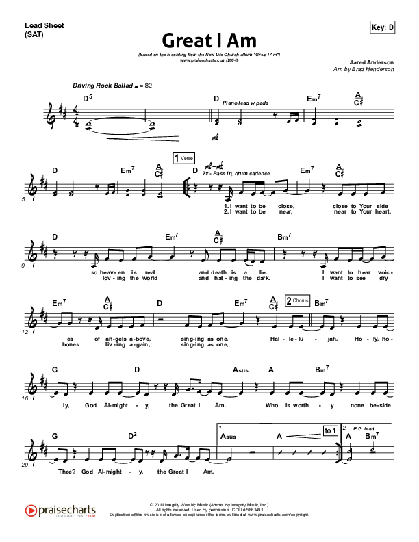 Great I Am Lead Sheet (SAT) (New Life Worship)
