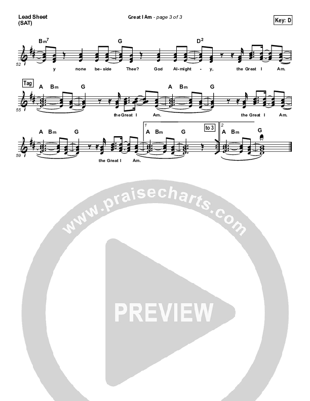 Great I Am Lead Sheet (SAT) (New Life Worship)