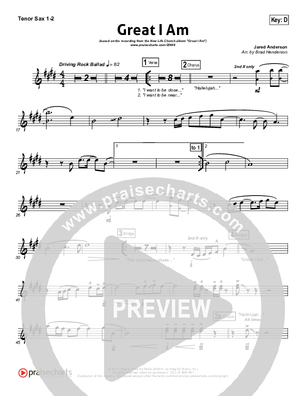 Great I Am Tenor Sax 1,2 (New Life Worship)