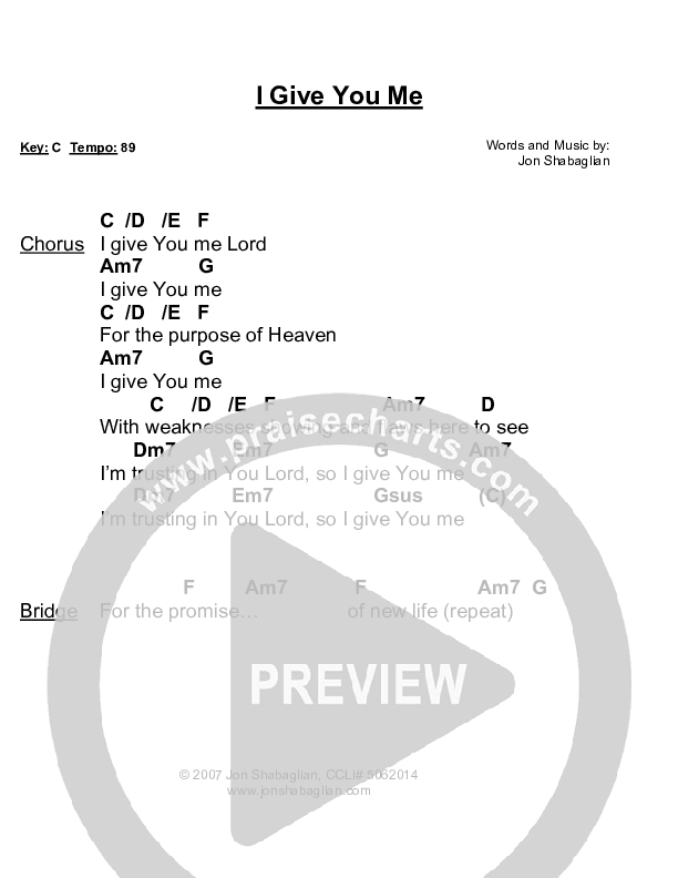 I Give You Me Chord Chart (Jon Shabaglian)