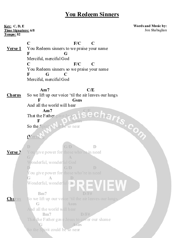 You Redeem Sinners Chord Chart (Jon Shabaglian)