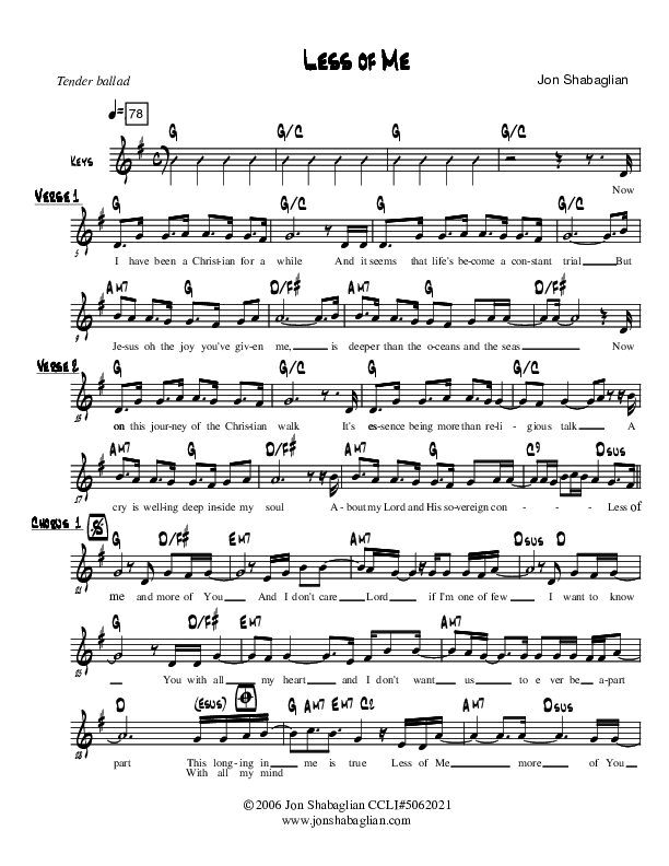 Less Of Me Lead Sheet (Jon Shabaglian)