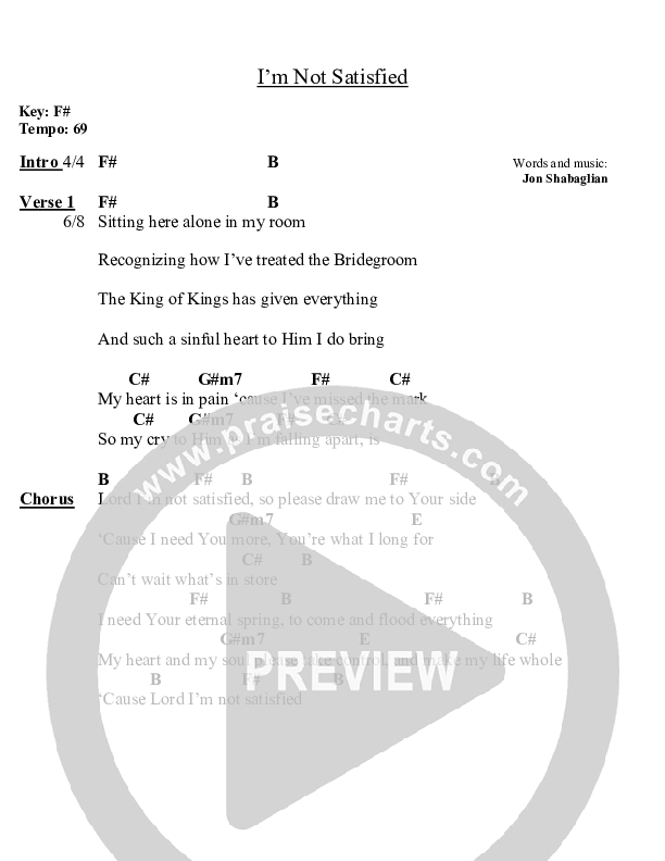 I'm Not Satisfied Chords & Lyrics (Jon Shabaglian)