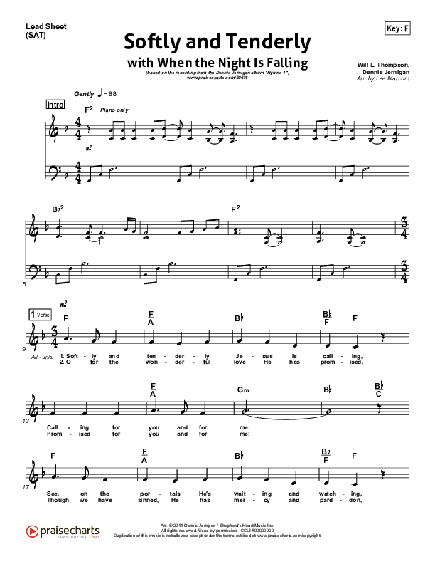 Softly And Tenderly (When The Night Is Falling) Lead Sheet (Dennis Jernigan)