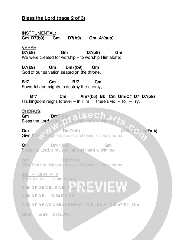 Bless The Lord Chord Chart (Westover Hills Music)