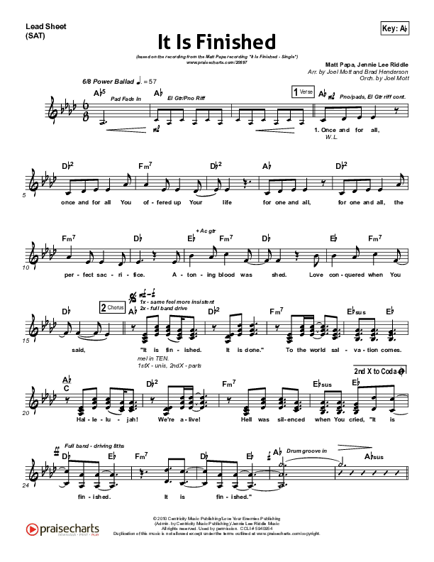 It Is Finished Lead Sheet (SAT) (Matt Papa)