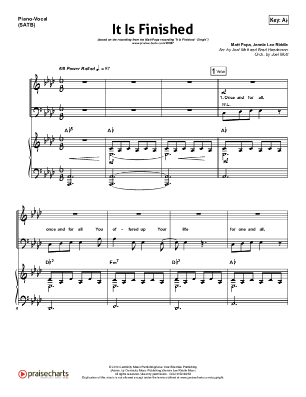 It Is Finished Piano/Vocal (SATB) (Matt Papa)