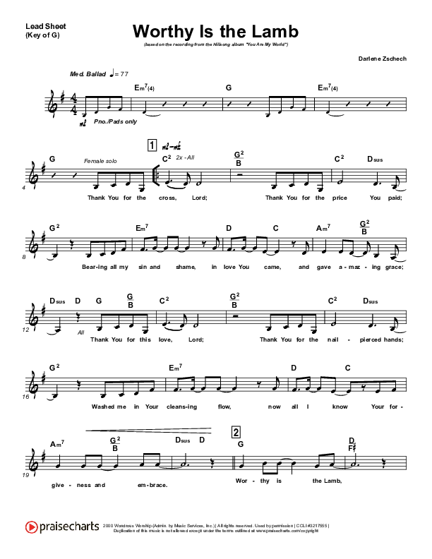 Worthy Is The Lamb Lead Sheet (Melody) (Hillsong Worship)