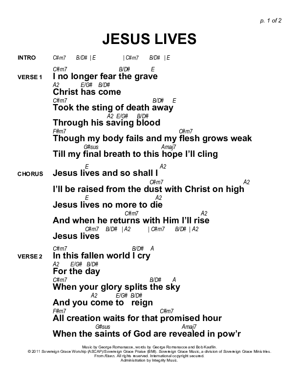 Jesus Lives Chords PDF (Sovereign Grace) - PraiseCharts