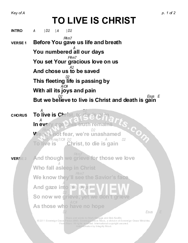 To Live Is Christ Chords & Lyrics (Sovereign Grace)