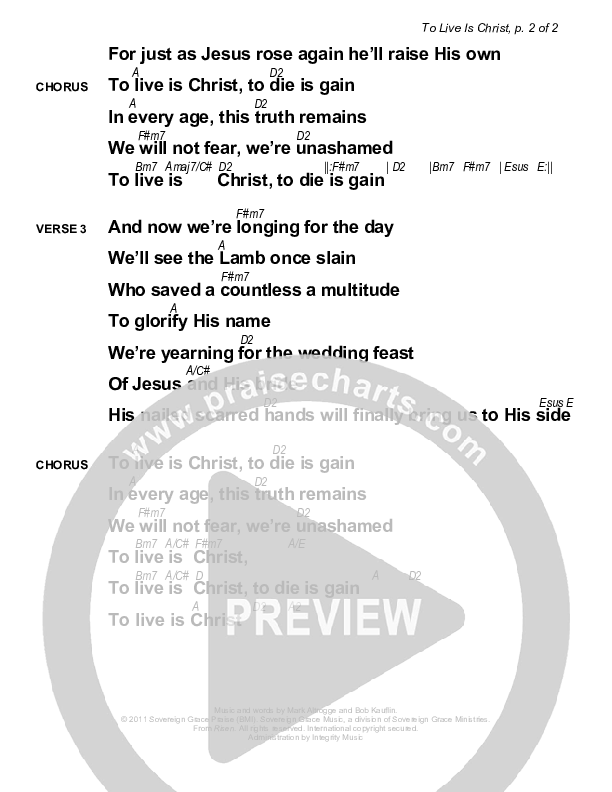 To Live Is Christ Chords & Lyrics (Sovereign Grace)