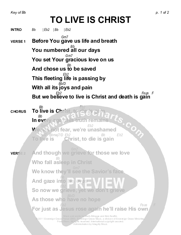To Live Is Christ Chords & Lyrics (Sovereign Grace)