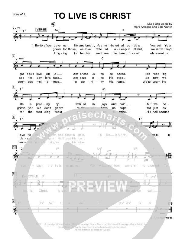To Live Is Christ Lead Sheet (Sovereign Grace)
