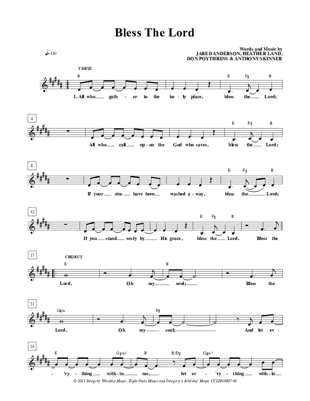Bless The Lord Lead Sheet (New Life Worship)