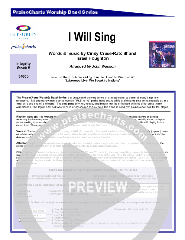 I Will Sing Cover Sheet (Lakewood Church)