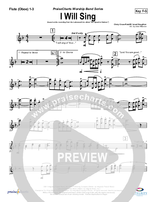 I Will Sing Flute/Oboe 1/2/3 (Lakewood Church)