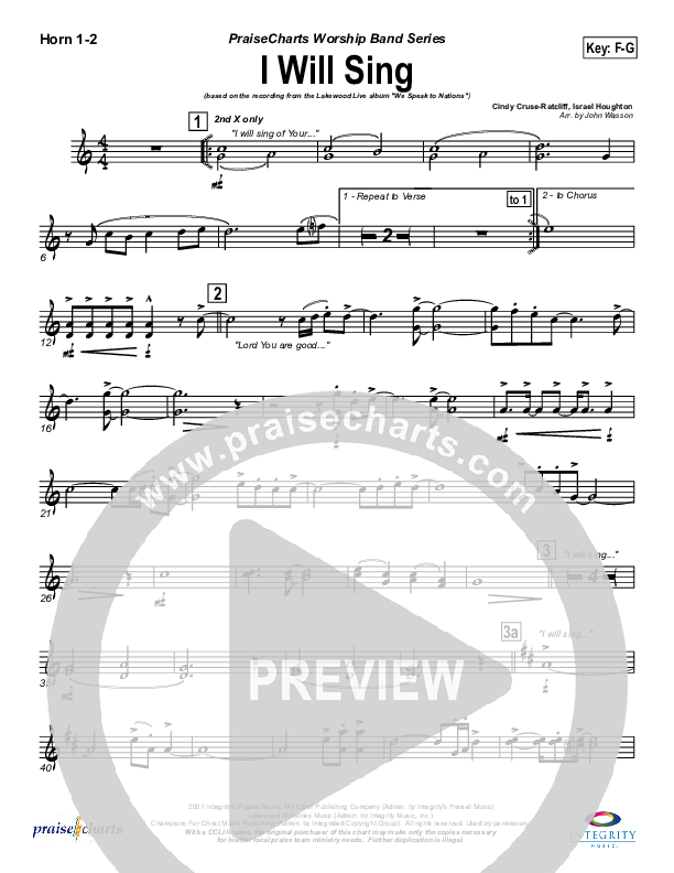 I Will Sing French Horn 1/2 (Lakewood Church)