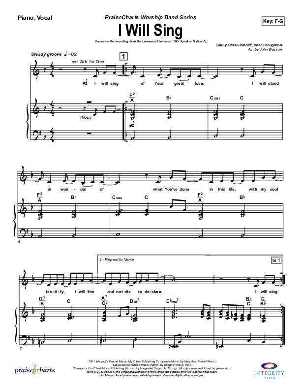 I Will Sing Piano/Vocal (Lakewood Church)