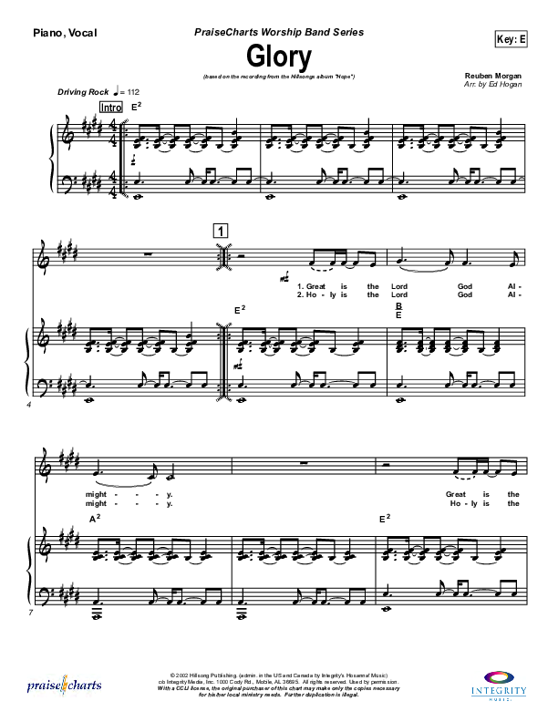 Glory Piano/Vocal & Lead (Hillsong Worship)