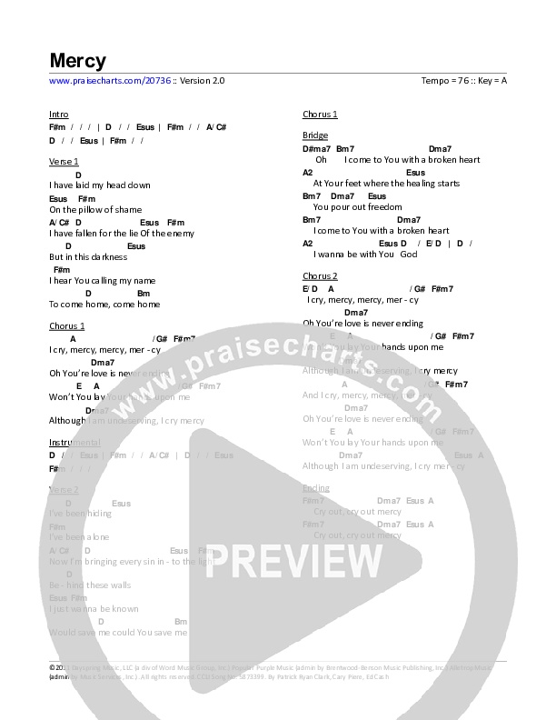 Mercy Chords & Lyrics (Patrick Ryan Clark)