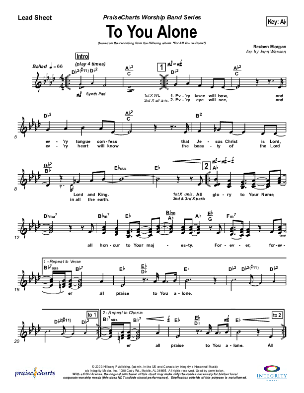 To You Alone Lead Sheet (SAT) (Hillsong Worship)