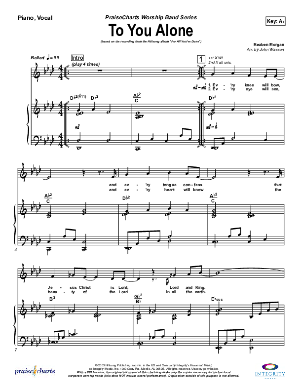 To You Alone Piano/Vocal Pack (Hillsong Worship)