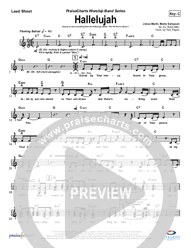 Hallelujah Lead Sheet (SAT) (Hillsong Worship)