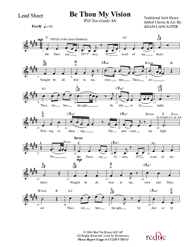 Be Thou My Vision (Will You Guide Me) Lead Sheet (Charles Billingsley / Red Tie Music)