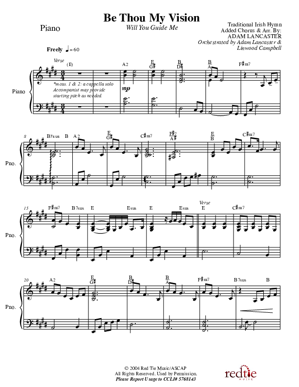 Be Thou My Vision (Will You Guide Me) Piano Sheet (Charles Billingsley / Red Tie Music)