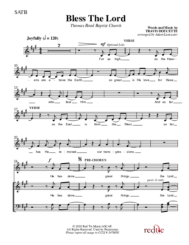 Bless The Lord Choir Vocals (SATB) (Charles Billingsley / Red Tie Music)