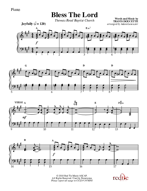 Bless The Lord Piano Sheet (Charles Billingsley / Red Tie Music)