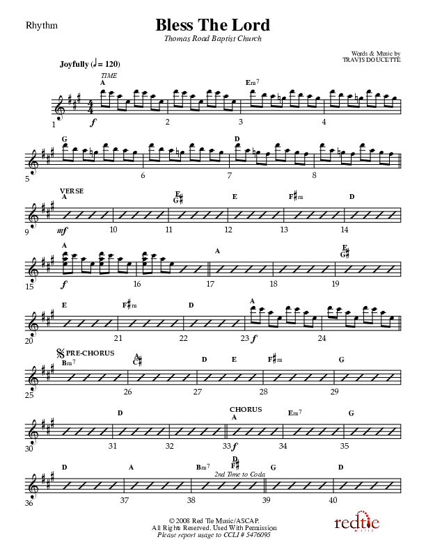 Bless The Lord Rhythm Chart (Charles Billingsley / Red Tie Music)