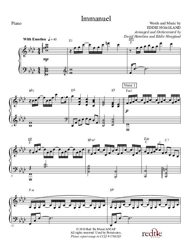 Immanuel Piano Sheet (Charles Billingsley / Red Tie Music)