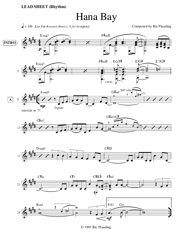Hana Bay (Instrumental) Lead Sheet (Ric Flauding)