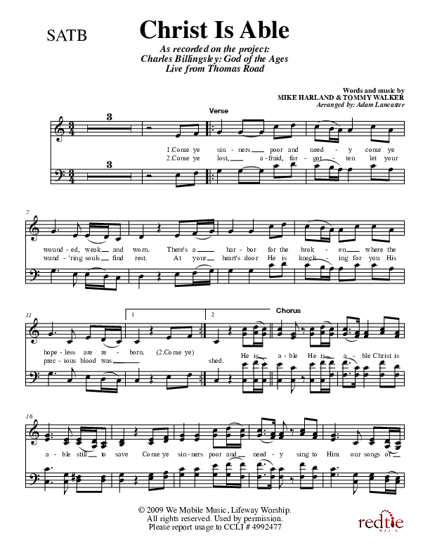Christ Is Able To Save Choir Vocals (SATB) (Charles Billingsley)