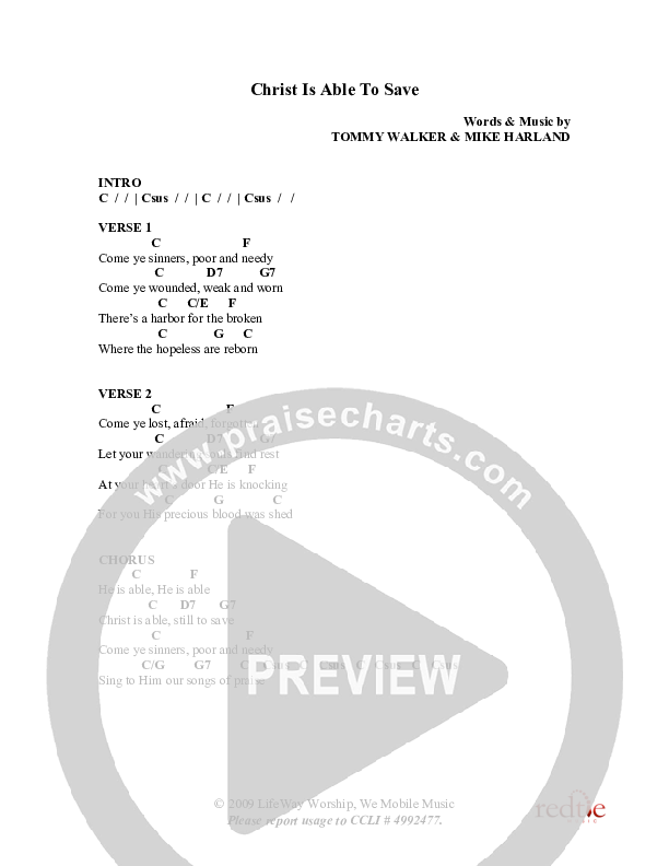 Christ Is Able To Save Chord Chart (Charles Billingsley)