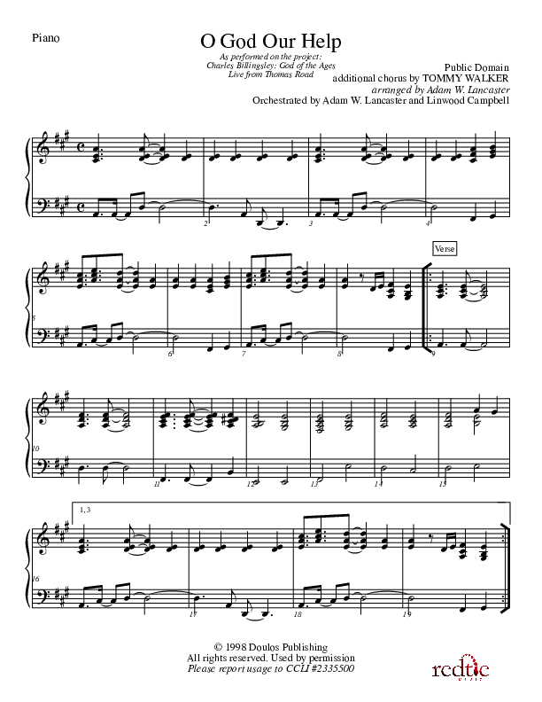 O God Our Help In Ages Past Piano Sheet (Charles Billingsley)