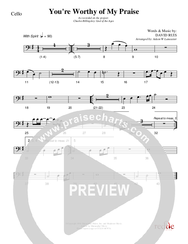 You're Worthy Of My Praise Cello (Charles Billingsley)