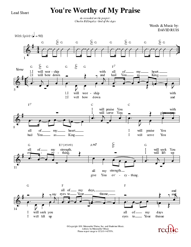 You're Worthy Of My Praise Lead Sheet (Charles Billingsley)