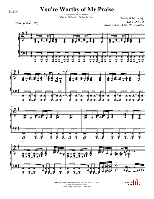 You're Worthy Of My Praise Piano Sheet (Charles Billingsley)