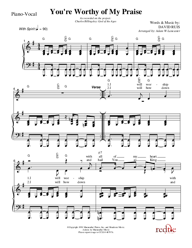 You're Worthy Of My Praise Piano/Vocal (Charles Billingsley)