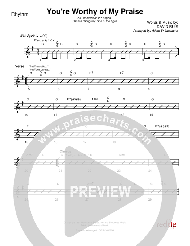 You're Worthy Of My Praise Rhythm Chart (Charles Billingsley)